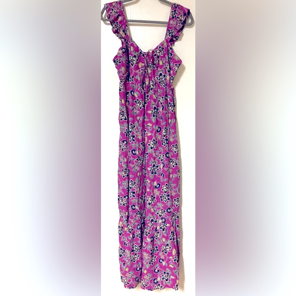 Loft Floral Midi Ruffle, Halter Dress/Magenta & Black Hibiscus/Size 8 - Picture 4 of 8